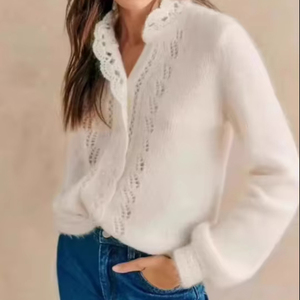 Suéter de <span class=keywords><strong>Punto</strong></span> Abierto con Mangas Abullonadas y Diseño Personalizado con Logotipo, Estilo Casual y Acogedor para Primavera y Otoño 2025, para Mujer - Product Image 1