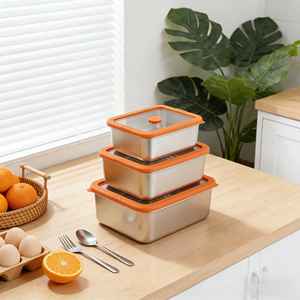 Stackable Leak Proof 3-Piece Set Modern Design Rectangle Stainless Steel Food Storage Container with Orange Glass Lid - Product Image 1