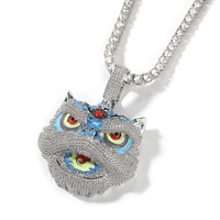 Nouveautés style ethnique : Collier tête de lion multicolore, pendentif créatif rétro danse du lion, hip-hop, en cuivre incrusté de zircon