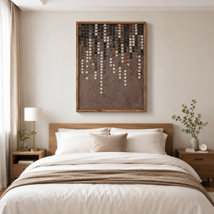 Art mural en bois texturé effet pluie de pixels aux tons terreux, décoration intérieure de maison, peinture à l'huile artisanale pour hôtel, décoration murale de maison - Product Image 1