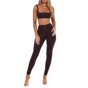 US Custom Women <b>set</b> 2025 Women Chocolate Crop Top and High Waist Legging <b>Set</b> with Rhinestone Embellishment for Club Party Wear - Product Image 1