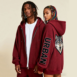 <span class=keywords><strong>Felpa</strong></span> con Cappuccio e Zip Unisex in Maglia Waffle con Logo Personalizzato, Stampa <span class=keywords><strong>Lupo</strong></span>, Oversize per Streetwear - Product Image 4