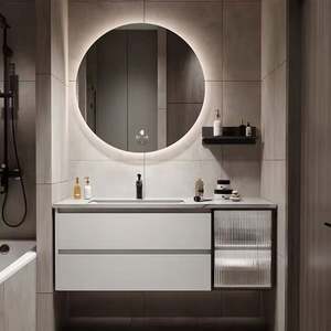 Mueble de Baño Moderno Impermeable con Espejo LED de Cerámica, Encimera de Cuarzo y Montaje en Pared, Venta Directa de Fábrica - Product Image 1