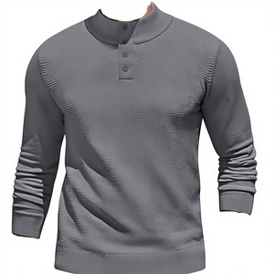 Heavyweight Solid Olive Waffle Knit Breathable Anti-Wrinkle Anti-Shrink Button <b>Mock</b> <b>Neck</b> <b>Sweater</b> <b>Men</b> Polyester Spring Outdoor - Product Image 4