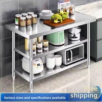 Meja Kerja Dapur Stainless Steel Tebal Tiga Tingkat Dua Lapis, Alas Potong, Stasiun Pengemasan, Persiapan