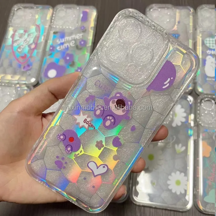 New custom tpu pc acrylic cell phone case for iphone 13 12 shiny blue light aurora holographic gradient phone case