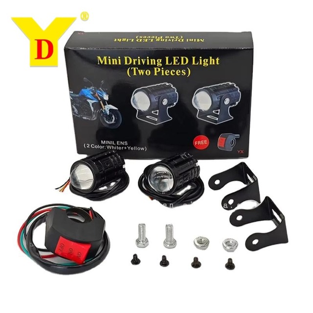 YD New Mini LED Driving Light for Motorcycle 2pcs White+Yellow 12V IP67 Waterproof Universal Fit with Switch