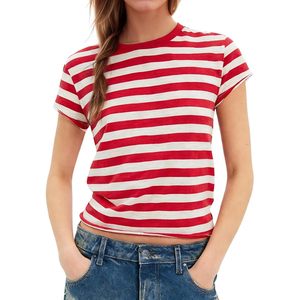 FOXA Striped Women's Crop <b>Top</b> Short Sleeve Crewneck Summer T-Shirt Cotton Jersey Streetwear <b>Y2K</b> Style - Product Image 1