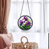 Attrape-soleil 2D en acrylique, imprimé UV, gravé au laser, motif floral rétro cercle parfait, style vitrail, ornement suspendu pour fenêtre