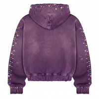 Sweat à capuche court 450 GSM délavé à l'acide avec imprimé graphique en strass, effet usé, découpes et poche kangourou, vente en gros usine