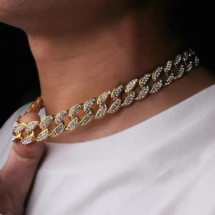 Hip Hop 15MM Bling buzlu Out küba Link zinciri kolye seti tam elmas Bling gerdanlık takı