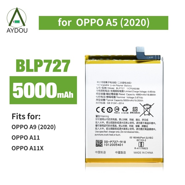 AYDOU Replacement Lithium Battery BLP727 OPPO A5 (2020) 5000mAh 0 Cycle with Double IC Protection Fast Shipping