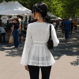 French Elegant Lace <b>Patchwork</b> Sheer V Neck Loose Long Sleeve Tee Sweet Pure Desire Waist Cinching A Line - Product Image 3