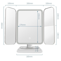 Miroir de maquillage de vanité éclairé de luxe à trois volets, finition coquille, 360 degrés, grossissement 1x/2x/3x, écran tactile, gradation