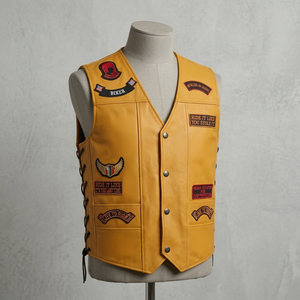 Gilet de motard ZARSAH EXPORTS pour homme en cuir véritable marron imperméable, col en V, simple boutonnage, avec écussons brodés, hiver - Product Image 1