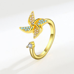Anillos giratorios con diseño de molino de viento, ajustables, con microincrustaciones de circonita azul y rosa, chapados en oro sobre cobre, joyería para aliviar la ansiedad para niñas - Product Image 6