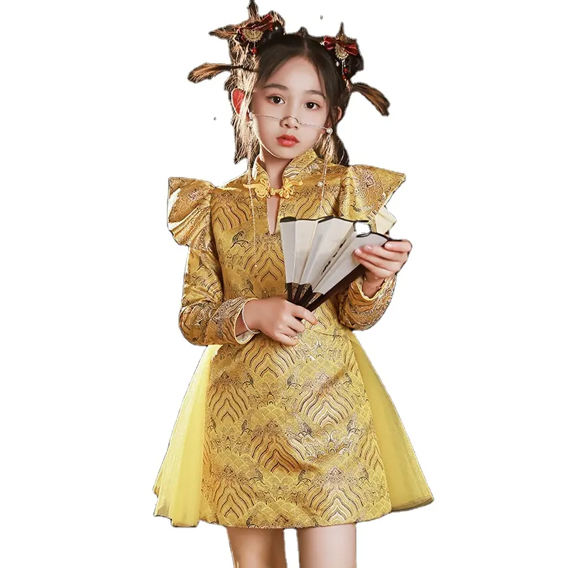 New Girl Princess Qipao Embroidered Children's Gold Dress Tang Suit Performance Suit