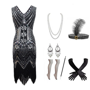 Robe Gatsby des années 1920, col en V, ornée de perles, de paillettes et de franges, taille empire, robe de soirée, style vintage, tailles S-4XL - Product Image 4