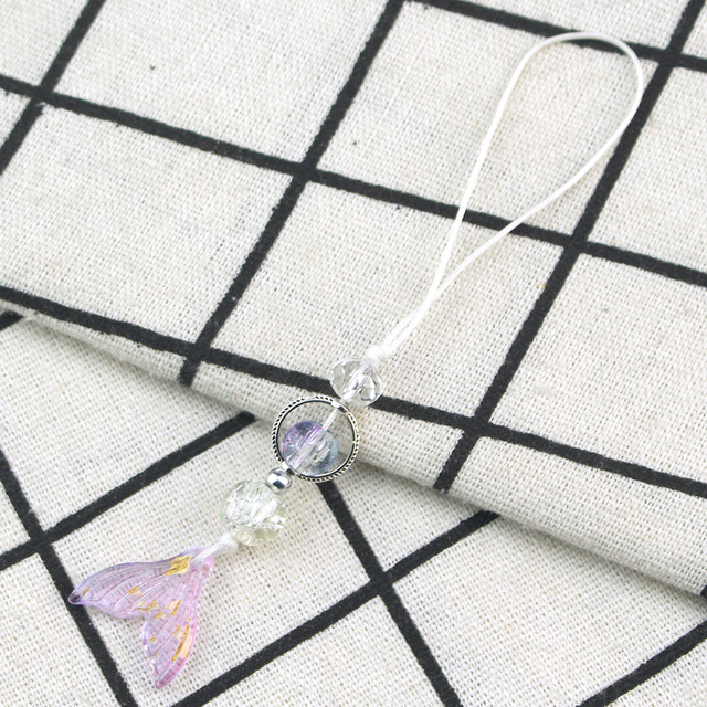 Iridescent Mermaid Tail Phone Strap Shell Starfish Crystal Bead Keychain Phone Hanging Charm Ocean Theme Jewelry Gift for Girls