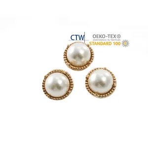 Chaqueta plana de tela dorada con logotipo personalizado, elegante, botones de perla, flor de piedra, diamantes de imitación, botones de vástago de cristal