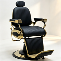 Chaise de coiffure sophistiquée noire et or, coussin en cuir côtelé, base ronde sur piédestal