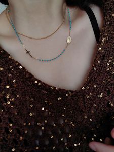 Xinfly 18K Gold Vintage Style Necklace Turquoise & Black Spinel Religious Virgin Mary Catholic Christian Fine <b>Choker</b> - Product Image 3