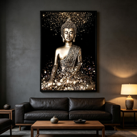 Toile murale verticale avec portrait de Bouddha doré brillant, impression numérique sur fond noir, effet lumineux scintillant, religieux, zen