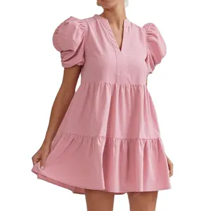 Custom OEM V-neck Pink Pleated Puff Sleeve Women Casual Summer Elegant Tiered Dresses