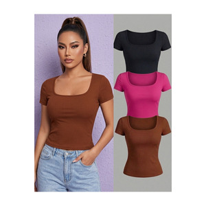 Top Corto de Mujer con Cuello Cuadrado y Manga Corta, Blusa de Punto Acanalado, Camiseta de Algodón Suave - Product Image 3