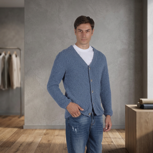 Cárdigan Azul Sostenible para Hombre, Modelo Más Vendido, Cuello Redondo, Manga Larga, Tejido de Poliamida, Poliéster y Algodón, Cierre con Botones - Product Image 3