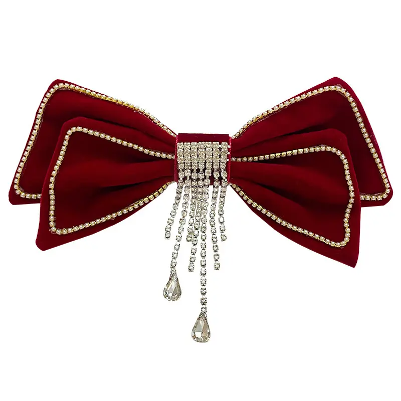 Hot-Sale Elegant Velvet Bow Ribbon Hair Clips Accessories Metal Spring Clip Crystal Diamond Tassel Hair Bow Clip For Girl