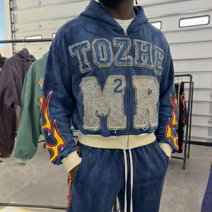 Felpa con Cappuccio da Uomo 100% Cotone Pesante Stile Streetwear Lavaggio Acido Effetto Sbiadito Oversize con Strass Ricamati Stampa <span class=keywords><strong>e</strong></span> Zip Personalizzata - Product Image 1