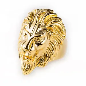 Anello da dito con testa di leone placcato oro in acciaio inossidabile con gioielli animali di moda all'ingrosso personalizzati per uomo