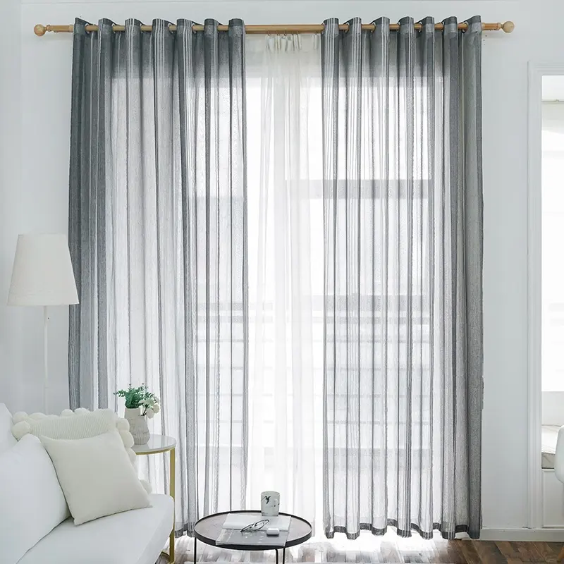 Linen Grey White Stripe Burnout Balcony Eyelet Window Voile Sheer Curtains Tulle Panels For Sale Living room Bedroom windows