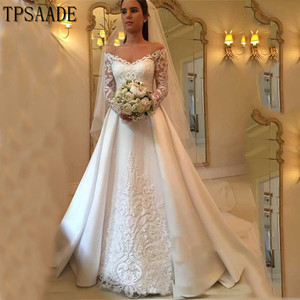 satin and lace long sleeve wedding dress