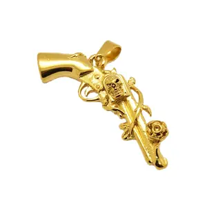 Olivia Vintage Rock Punk Jewelry Stainless Steel Gold Pistol Handgun Skull Necklace for Men Gun Rose Cowboy Pendant