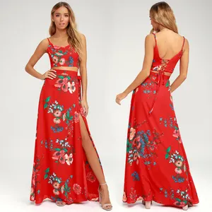 Lankai Custom Fashion Summer Chiffon Casual Sexy elegante stampa floreale gonna lunga aderente Crop Top due pezzi Midi Dress