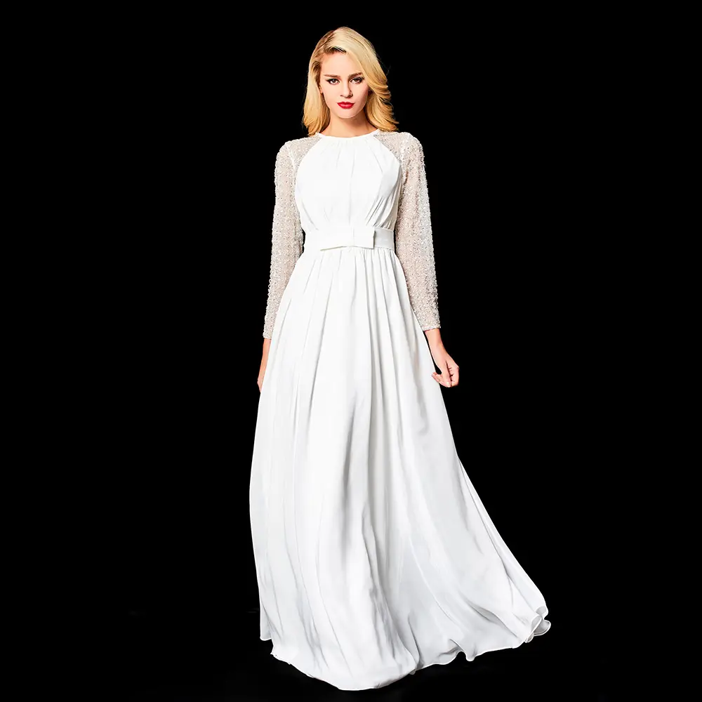 Vestido formal elegante de festa, vestido longo branco frisado para noite, de manga longa, de baile, 2023