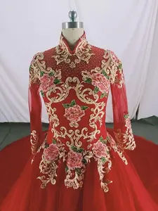 Рождественское свадебное платье с высокой горловиной и длинным рукавом Красного и золотого цвета, тайское свадебное платье