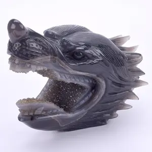 Hand Carved Realistic Carving Gemstone Animal Wolf Head Agate Geode Skull
