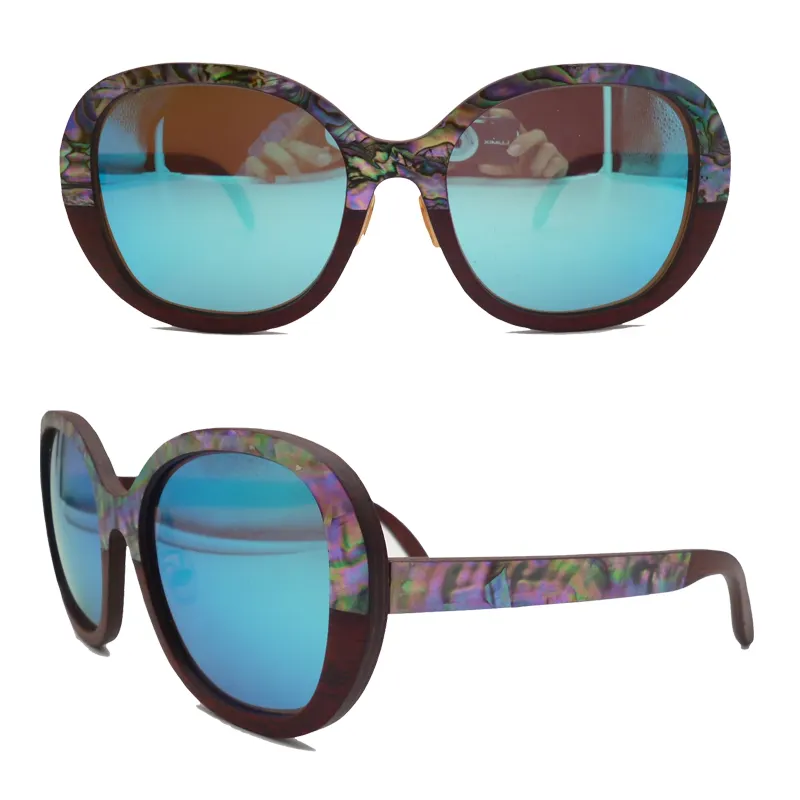 2024 Hand gefertigte Sonnenbrille mit Holzrahmen und Abalone-Muschel einlage auf Korkholz-Sonnenbrille