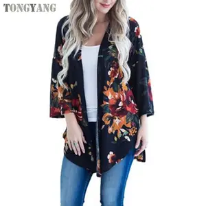 TONGYANG Women's Vintage Loose Blouse Summer Boho Floral Printed Long Sleeve Coat Retro Summer Autumn Ladies Shawl Kimono Tops