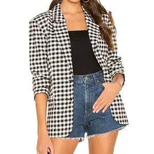 Wholesale clothes Cotton black white checked casual blazer for women