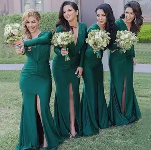 Ultime Elegante Scollo A V di Oliva Verde A <span class=keywords><strong>Maniche</strong></span> Lunghe Mermaid Abito <span class=keywords><strong>Da</strong></span> <span class=keywords><strong>Damigella</strong></span> D'onore - Product Image 1