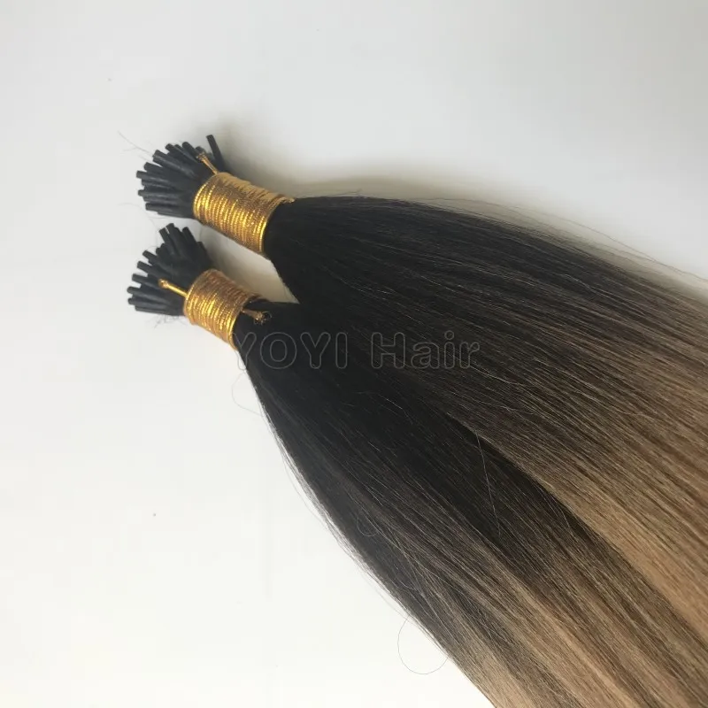 Warna Hitam Alami Yaki Rambut Extens Prebond Aku Tip Rambut Two Tone Warna Silky Aku-Tip Light Yaki Lurus