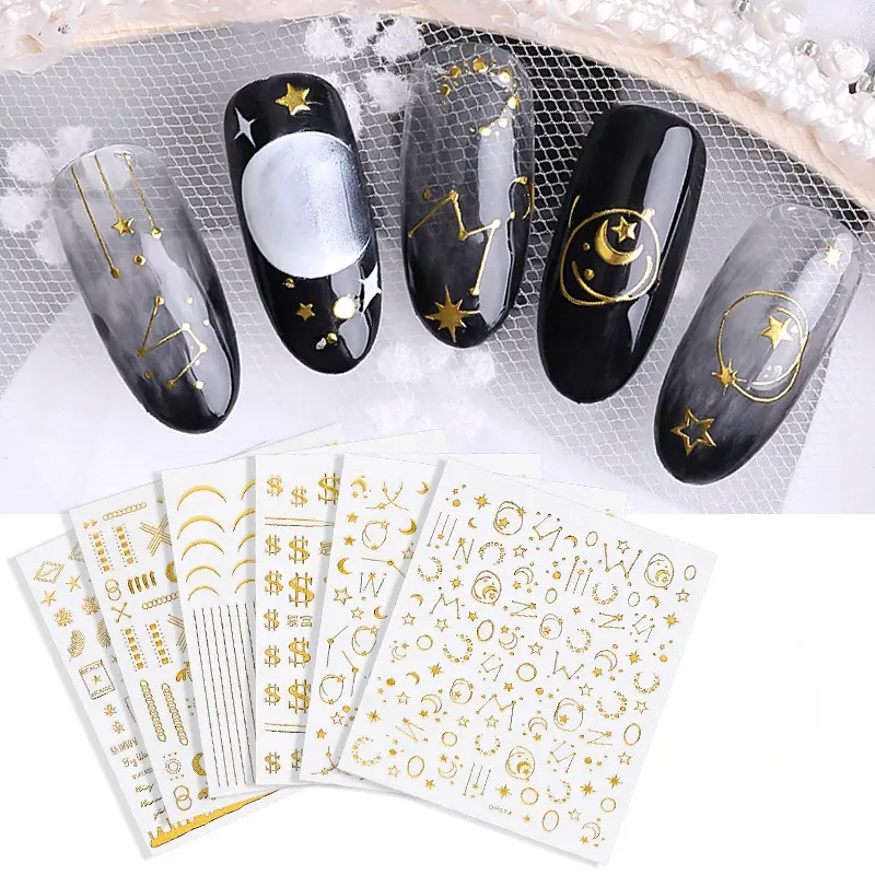 En gros d'or étoiles lune mode 3 D sel-adhésif nail art autocollant