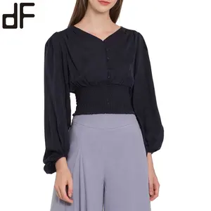 OEM офисная блузка дизайна легкая полимерная блузка эластичная повязка на талию с длинным рукавом темно-синяя Летняя женская одежда 2023