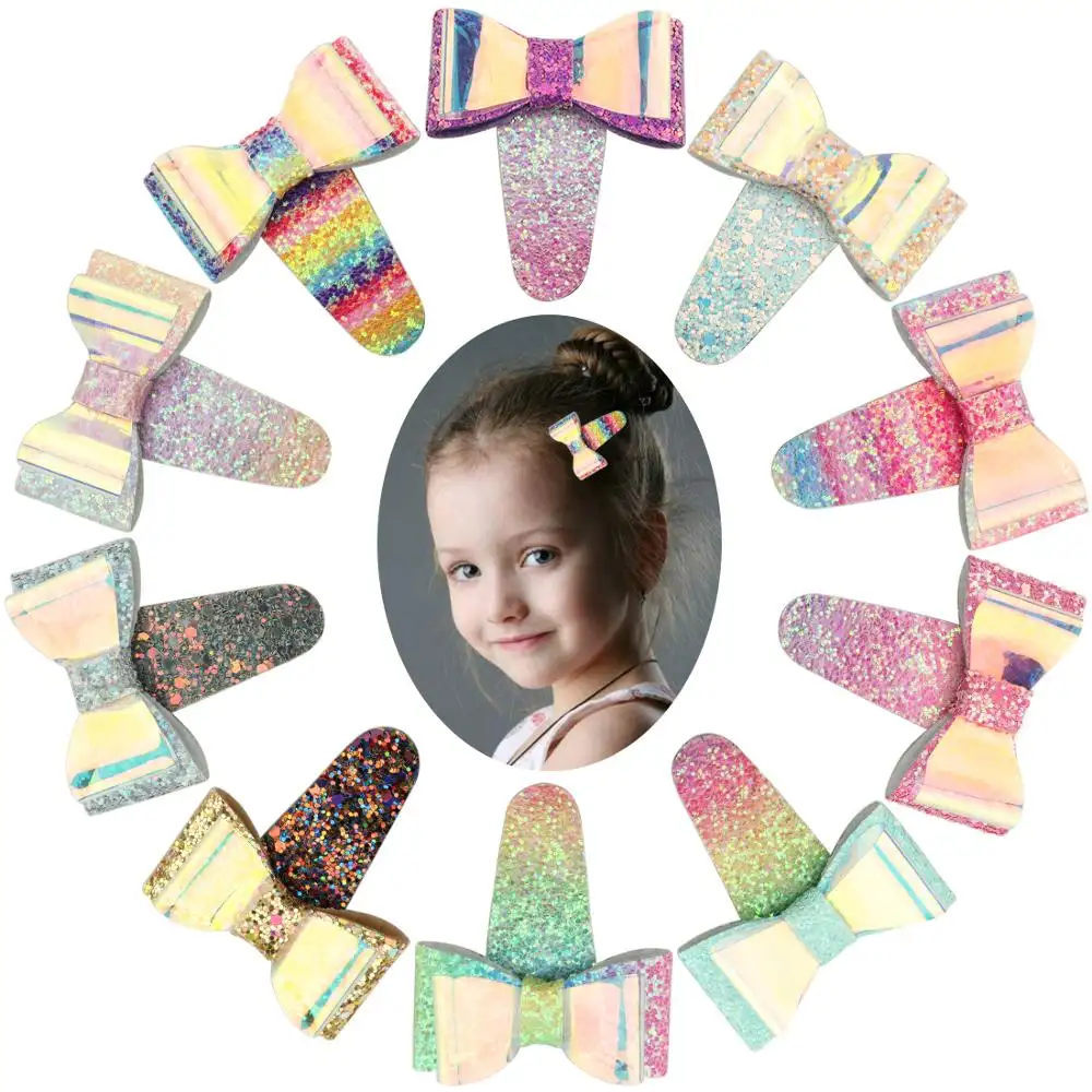 Mädchen Haar Clips Shiny Haar Bogen Haarnadeln Regenbogen Farbverlauf Design Glitter Pailletten Mini Bögen Kinder Barrettes