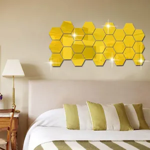 3D Hexagon Acrylic Mirror Wall Stickers DIY Art Wall Decor Stickers Home Decor Living Room Mirrored Sticker Gold