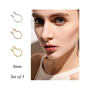 Anel de nariz e septo, anel 20g nariz de argola nariz ouro rosa dourado prata <span class=keywords><strong>8mm</strong></span> piercing não perfurado nariz anel de corpo falso